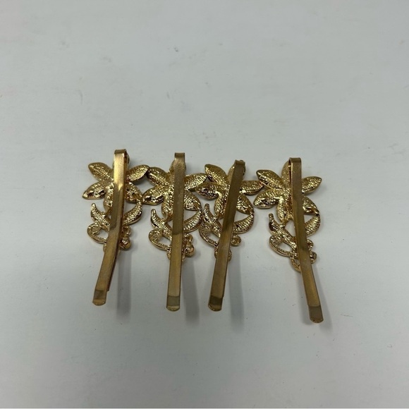 Set of 4 Floral Rhinestone Hair Bobby Pins Leaves Aurora Borealis Sparkle Beads - Picture 6 of 7